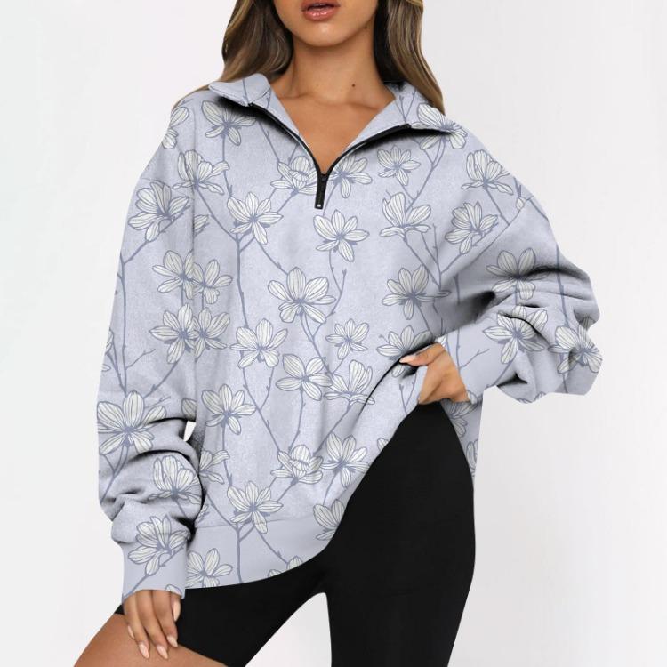 Women's Fashion Casual Oversized Drop Shoulder Floral Print Long Sleeve Zipper Sweatshirts Outdoor