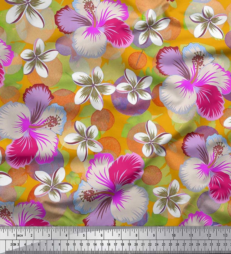 Soimoi Japan Crepe Satin Fabric Leaves & Plumeria Flower Decor Fabric Printed Metre 42 Inch