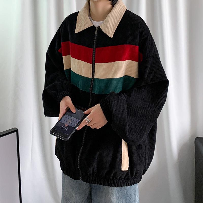 Men's Versatile Korean Contrast Color Corduroy Jacket - Spring/Autumn, Loose Fit Casual Top