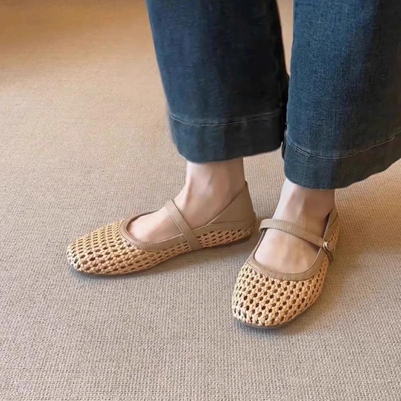 Fashion 2025 Summer New Crystal Flats Shoes Women Square Toe Mary Jane Shoes Genuine Leather Hollow Outs Mules Runway Ballet Shoes Woman