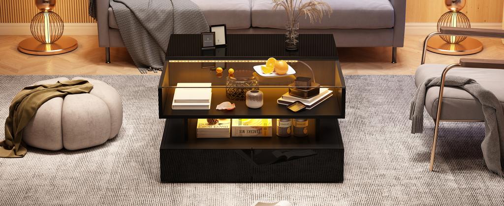 80*80*45cm Height-Adjustable Coffee Table with Hidden Storage and 2 Drawers, LED Lights, High-Gloss, Made of Tempered Glass, Black