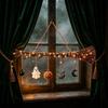 Halloween Lighted Witch Broom Hanging Decors with Warm Light and Ghostly Pumpkins Cats Charm for Entryway Wall Window Party