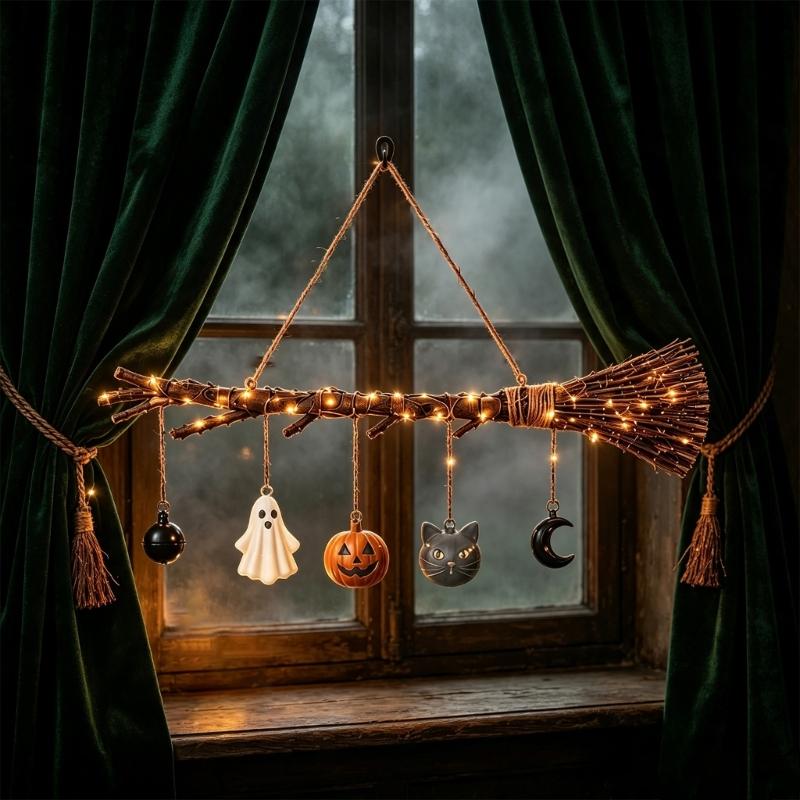 Halloween Lighted Witch Broom Hanging Decors with Warm Light and Ghostly Pumpkins Cats Charm for Entryway Wall Window Party