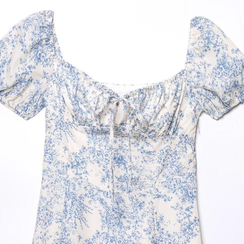 Kaslead New Women Clothes Western Style Waist Hugging Blue and White Porcelain Print Bandage Split Short Sleeve Dress Long Dress