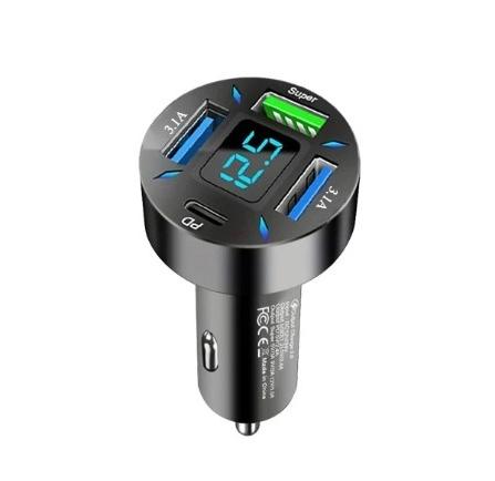 Smart 4 Port Car Charger - PD USB C Fast Charge with Digital Screen Blue Light