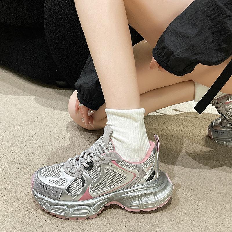 Thick-soled heightening dad shoes women's spring 2025 new silver breathable lightweight casual sports shoes children's fashion