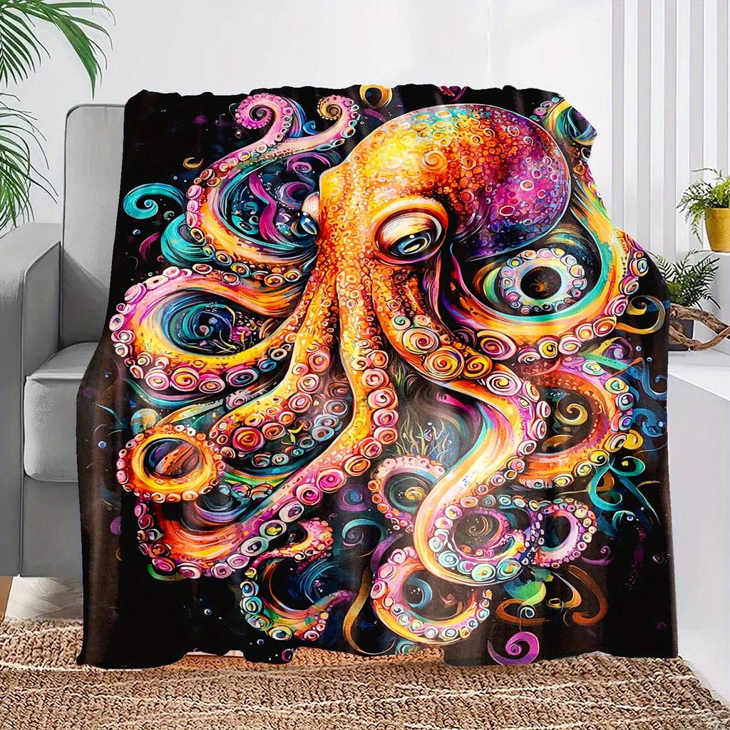 Colorful Octopus Print Flannel Fleece Throw Blanket - Coastal Style Animal Theme, Soft Polyester, Digital Printing, Knitted, All