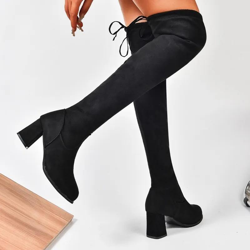 Autumn and Winter New Skinny Over-the-knee Women's Skinny Leg Stretch Boots Round Toe Block Heel High-heeled Long-leg Boots