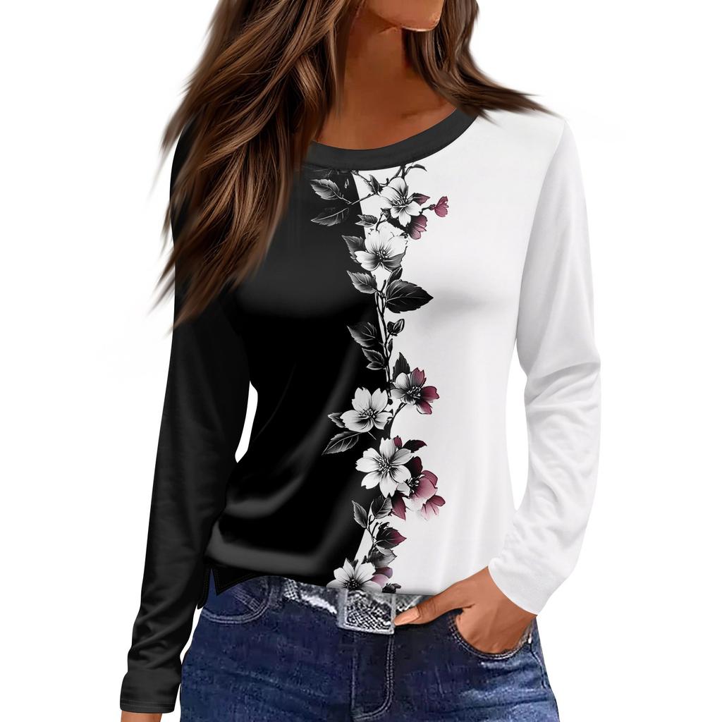 Women's Fashion Casual Slit Hem Round Neck Long Sleeve Loose Printed T-Shirt Ladies Top