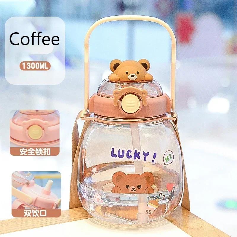 Kawaii Bear Water Bottle Large Capacity Leak Proof Straw Cup for Juice Milk Bubble Tea Kids Girls