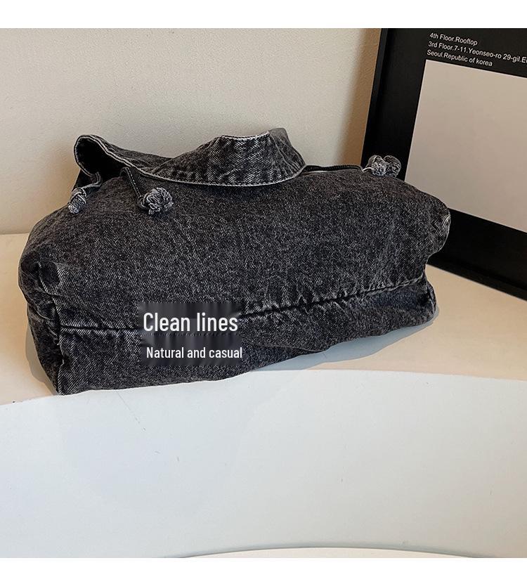 Geantă tip rucsac din denim cu șnur în stil coreean pentru studenți - Capacitate mare, Geantă de umăr casual de primăvară