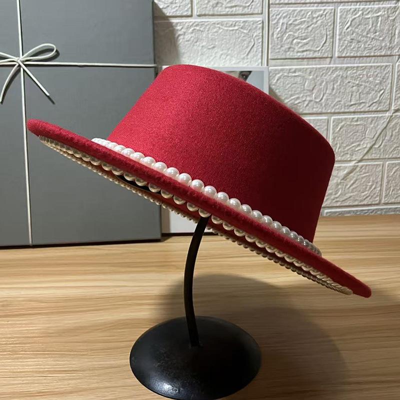 Autumn and winter pearl woolen flat top top hat children celebrity style Internet celebrity fashion versatile small brim shade felt hat