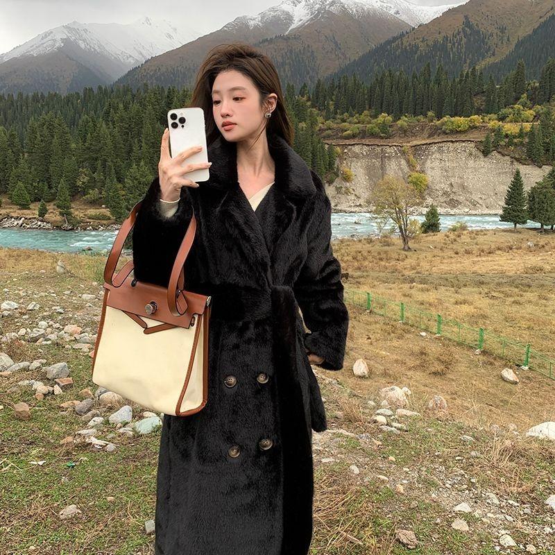 Winter Warm Thick Faux Fur Coat Women Long Trench Jacket Faux Mink Fur Collar Eco Friendly Outerwear