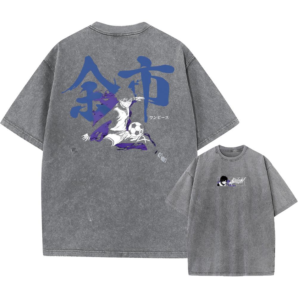 Hot Anime Blue Lock Nagi Seishiro Print Washed T Shirt Men Vintage Tshirts Short Sleeve Streetwear Harajuku Male Cotton T-shirt