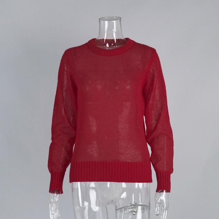 Spring Summer Women Mohair Sweater Comfortable Semi Sheer Knit Base Top Round Neck Pullover S красный