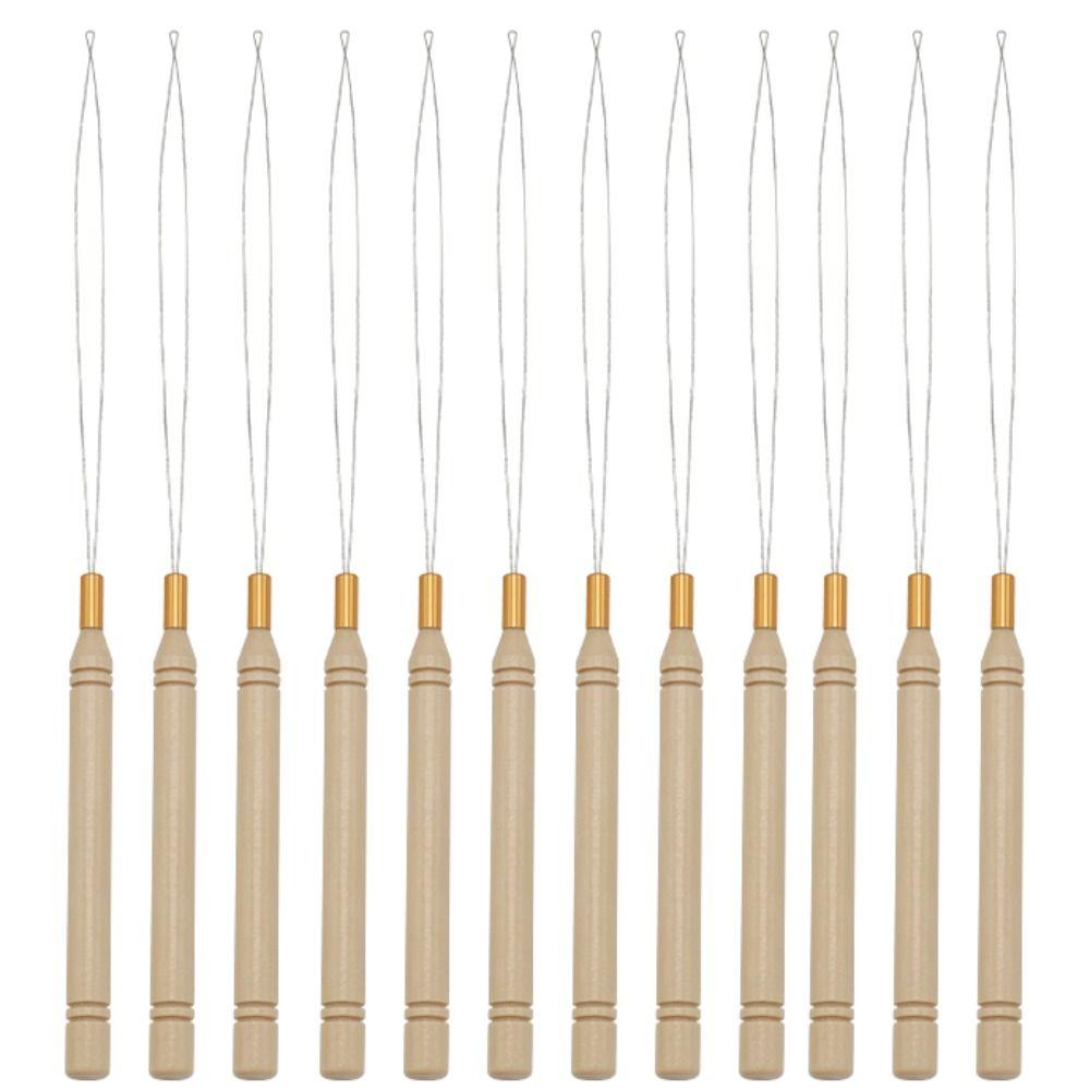 5pcs/set Metal Threader Pulling Needle Wooden Handle Hair Extensions Loop  for Making Wigs