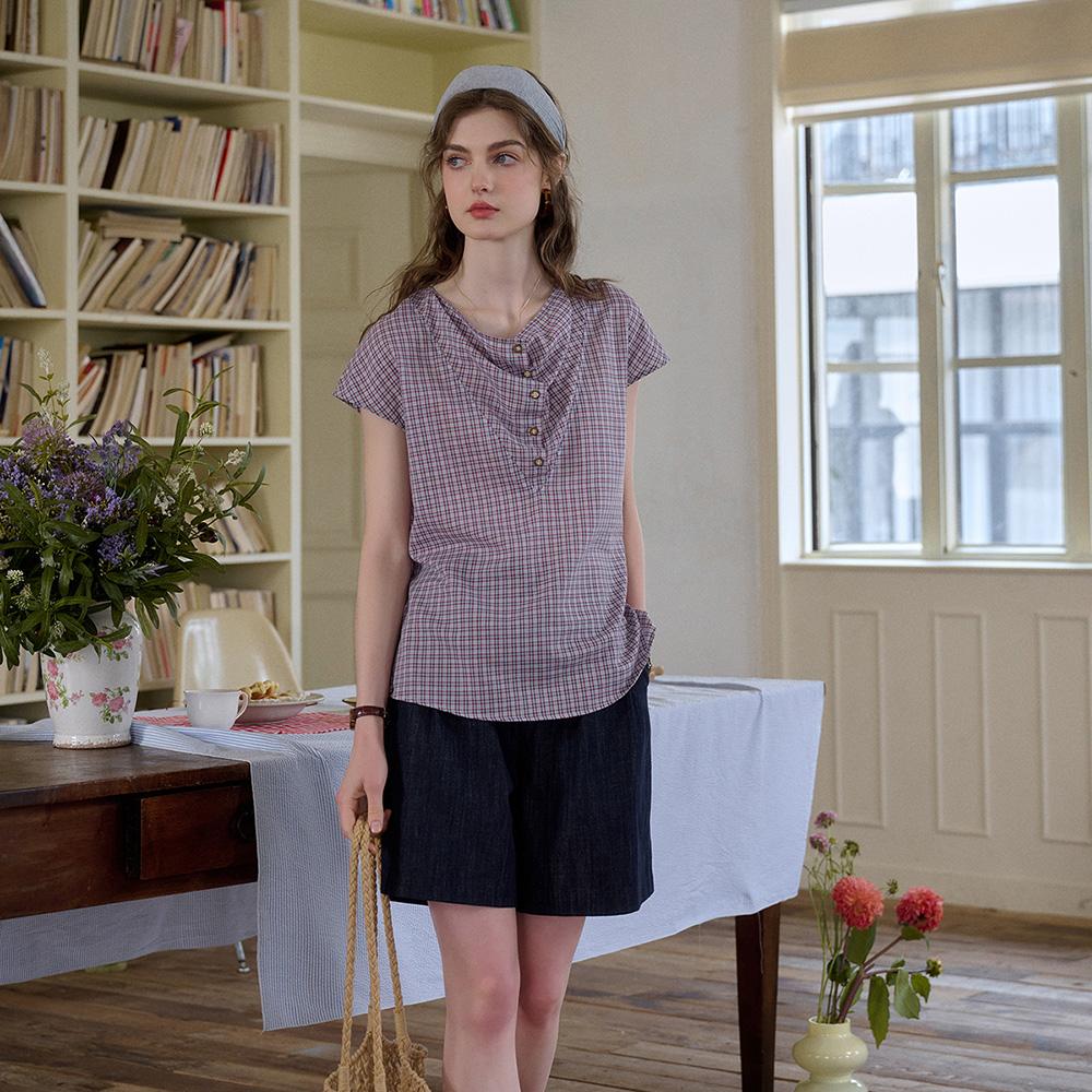 Simpeulleteulo Sr_Check Swing Neck Short Blouse