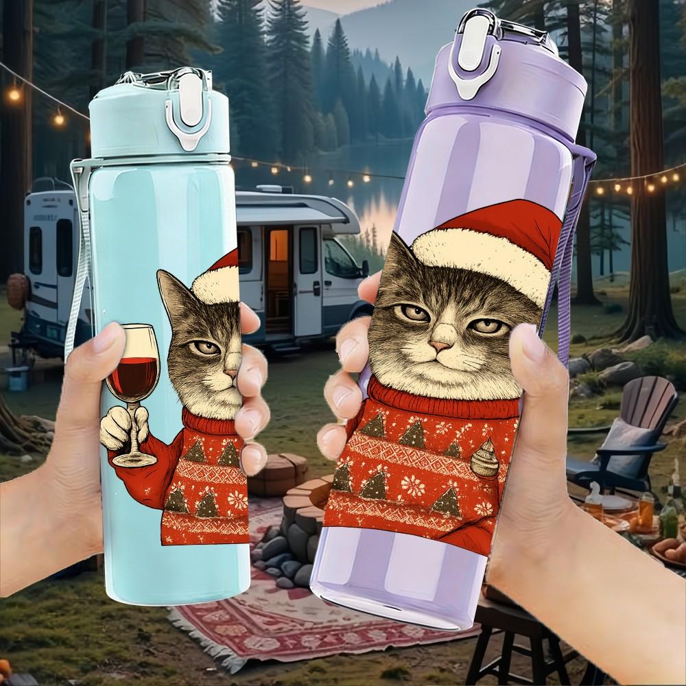 1PC Wine Drinking Santa Cat 750ml Color Plastic Sports Water Bottle Leakproof Flip Straw Lid Suitable for Sports Office Home Use