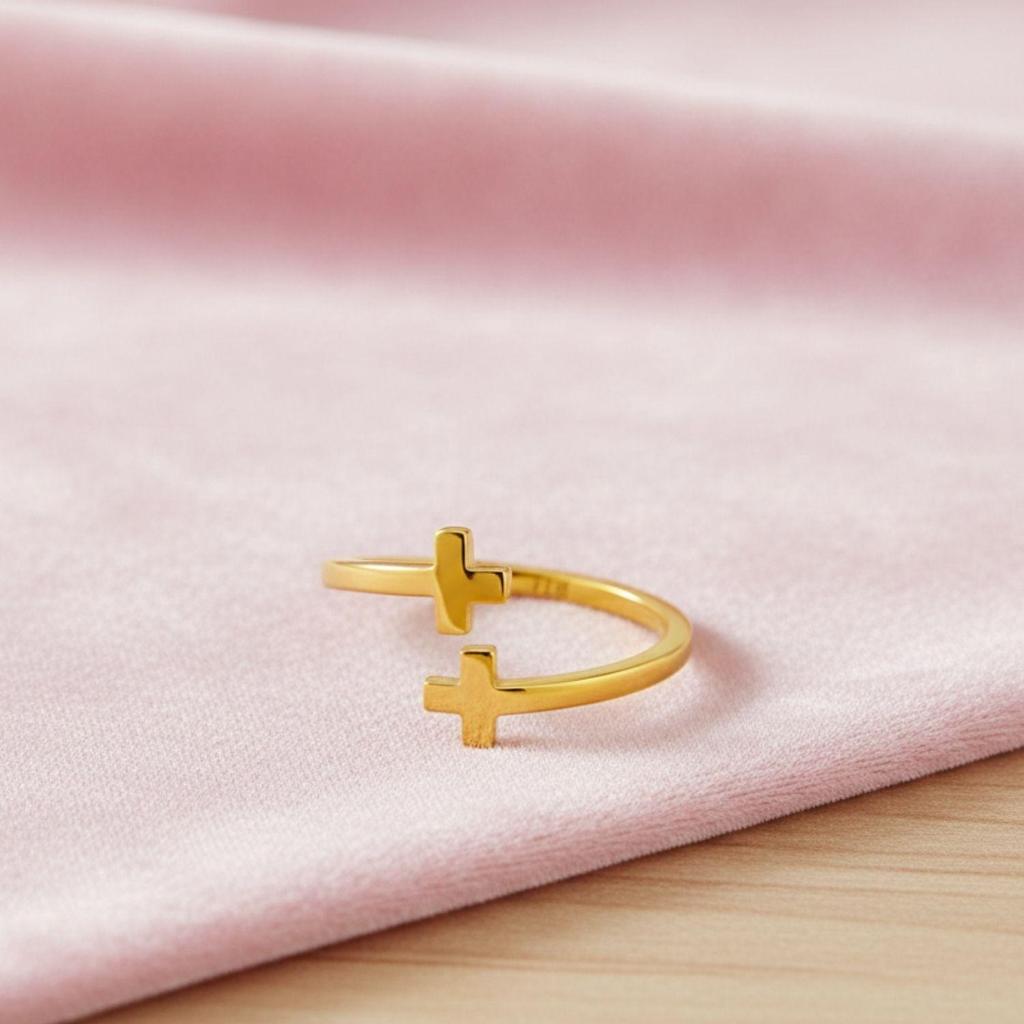 925 Sterlingsilber Gold Vermeil Doppelkreuz Offener Verstellbarer Damenring