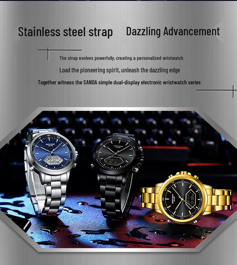 Sanda Men's Multifunction Luminous Waterproof Chronograph Steel Band Dual Display Watch