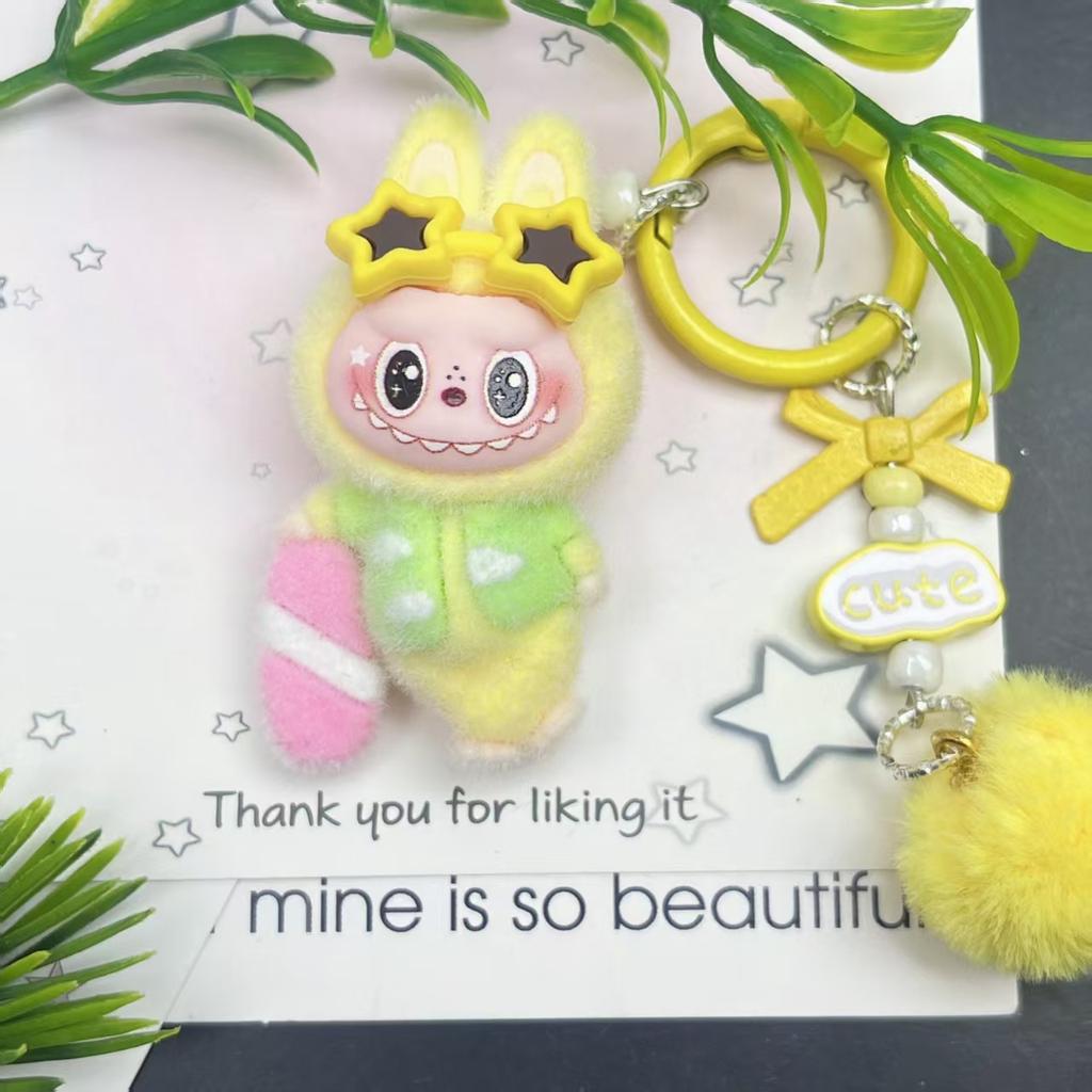 Tide Play Flocking Cute Doll Keychain Pendant Mini Car Desktop Ornament