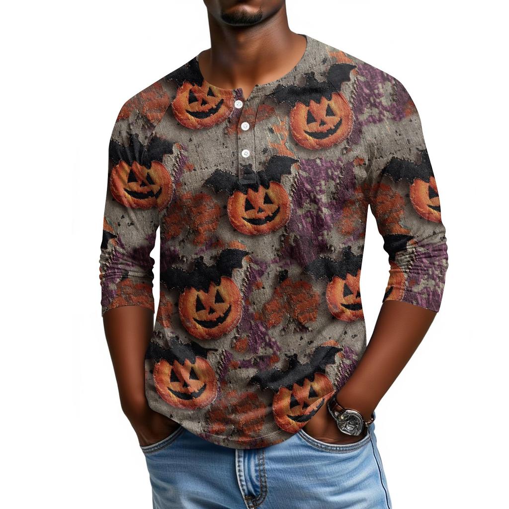 Men Casual Halloween Print Henley Shirt Raglan Sleeve Three Quarter Length Button Front Top