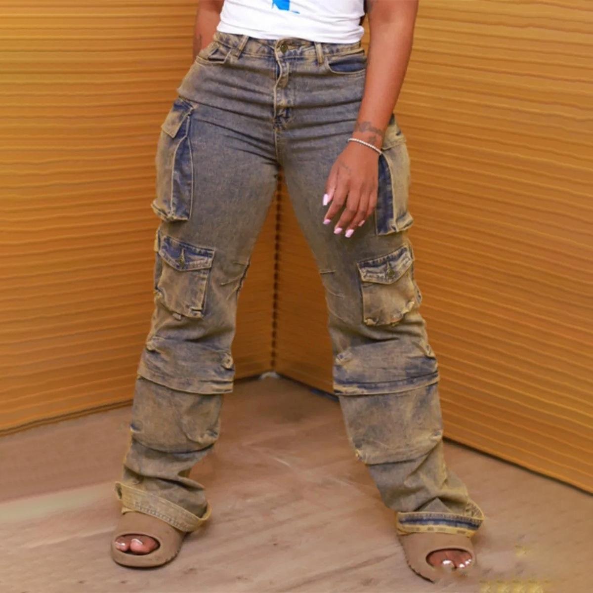 

Женские уличные модные рабочие брюки с множеством карманов, уличные джинсы XL синий