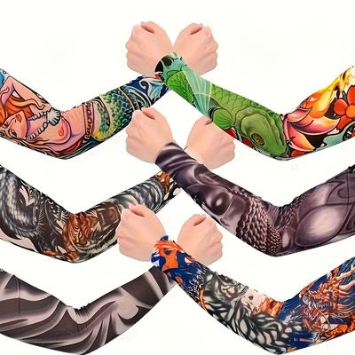 6 Stück gemischte Tattoo-Armschoner für Männer, Eisseide, Sonnenschutz, Kühlende Armschoner für Outdoor-Sportarten, Radfahren und Angeln