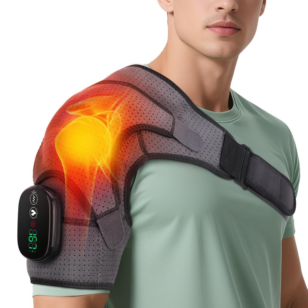 Touchscreen Smart 5000mah Electric Heated Vibrating Shoulder Massager Brace Support Wrap Breathable Perforated Wireless Rechargeable 3-speed Massage