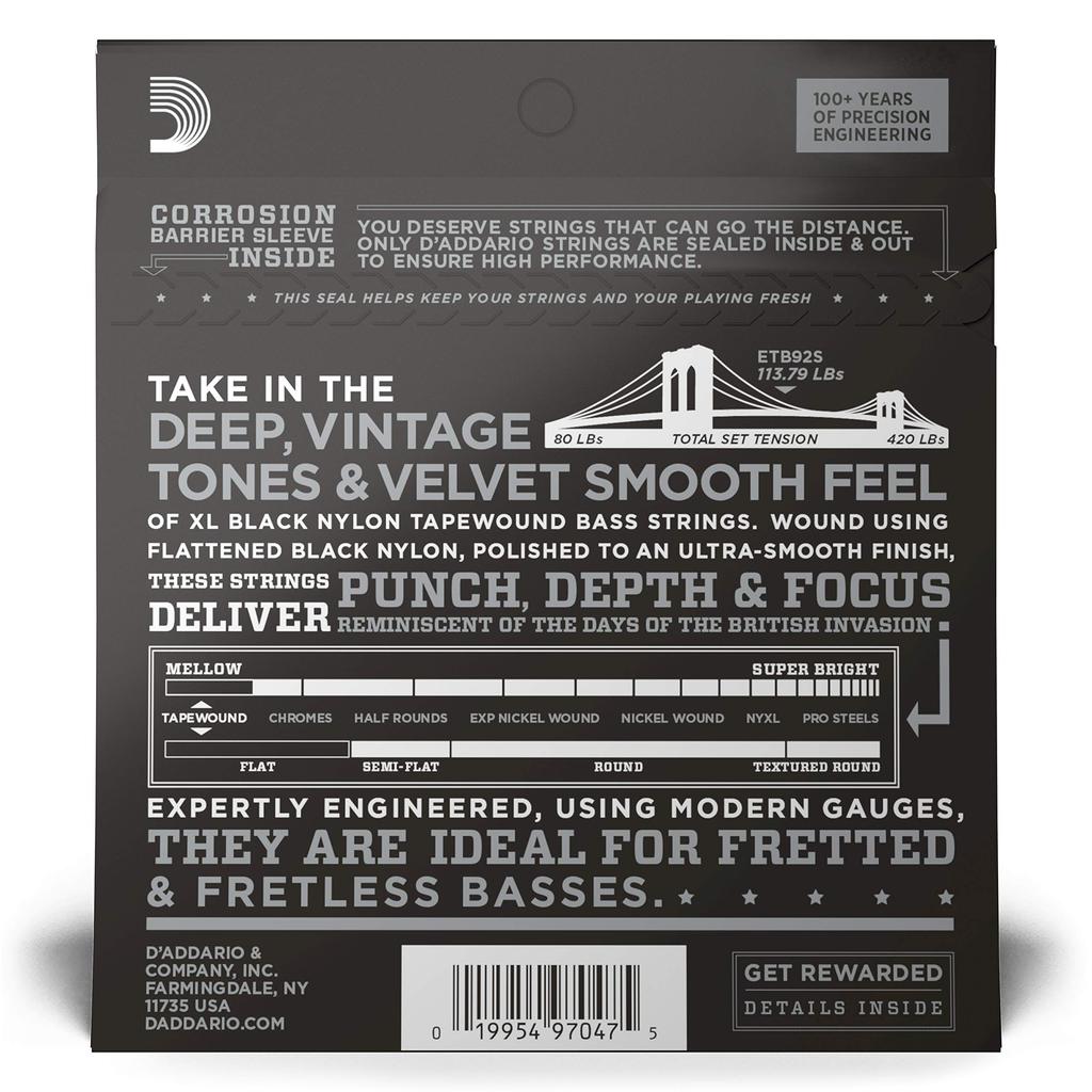 D'Addario ETB92S Black Nylon Wound Bass Strings Short Scale .050-.105 - Official Japan Version