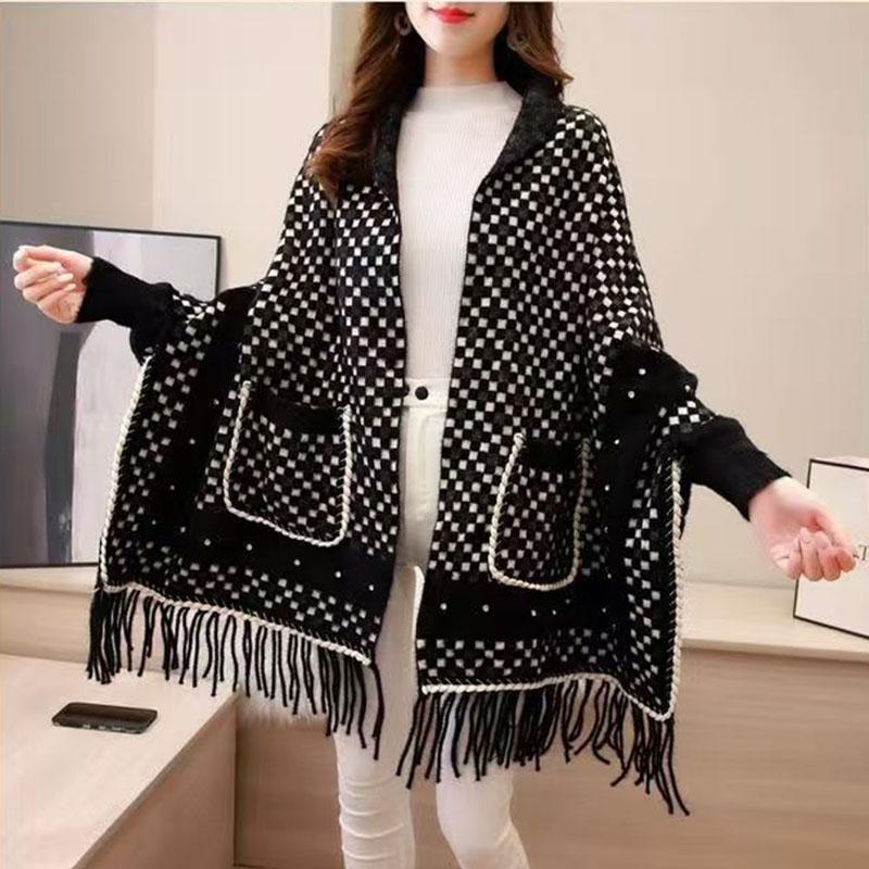 

Шаль женская накидка на осень и зиму толстые рукава для тепла кисточка накидка свитер вязаный чёрный