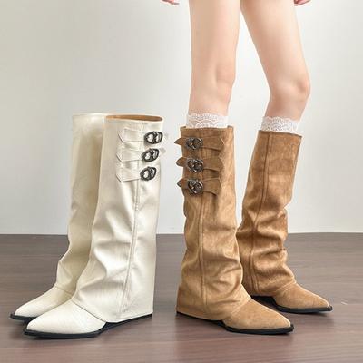 Hoge Kwaliteit Dames Hoge Laarzen Echt Zacht Leer Puntige Broeklaarzen Design Sense Riemgesp Dames Ridderlaarzen Botas Mujer