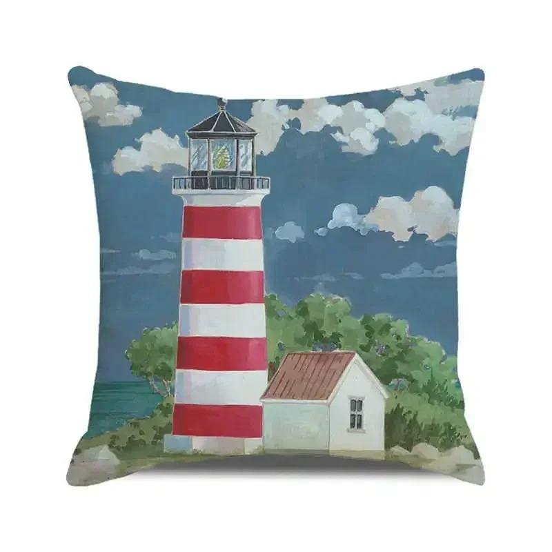 Watercolor Painting Nautical Lighthouse Ocean Seagull Boat Home Sofa Cushion Cover Home Decor Pillowcase