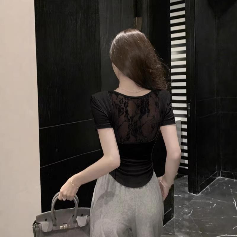 White Backless Mesh Stitching Front Shoulder Short-sleeved T-shirt Women's Summer Design Sense Slim Fit Unique Super Good-looking Small Top