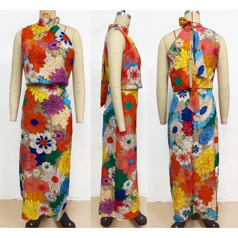 Women's Holiday Fashion Print Sleeveless Halter Waist Dress