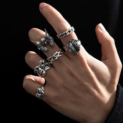 6 Pièces Anneaux Punk Poker Joker Couleur Argent pour Hommes Gothique Squelette Billard Ensemble Couple Emo Mode Bijoux Anillos Hombre
