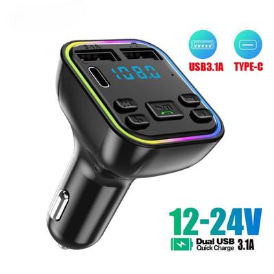 Car Bluetooth 5.0 FM Transmitter PD Type-C Dual USB 3.1A Fast Charger Colorful Ambient Light Handsfree MP3 Modulator Player
