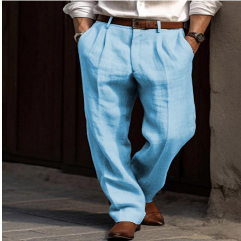 Men Linen Blend Pleated Dress Pants High Waist Straight Leg Casual Trousers