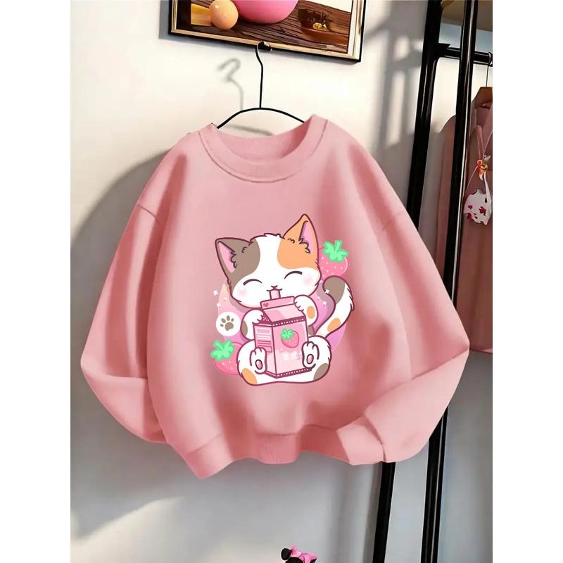 Crewneck Sweatshirt for Girls Featuring an Adorable Cat And Strawberry Milk Design, Machine Washable, Suitable for Spring And Autumn
