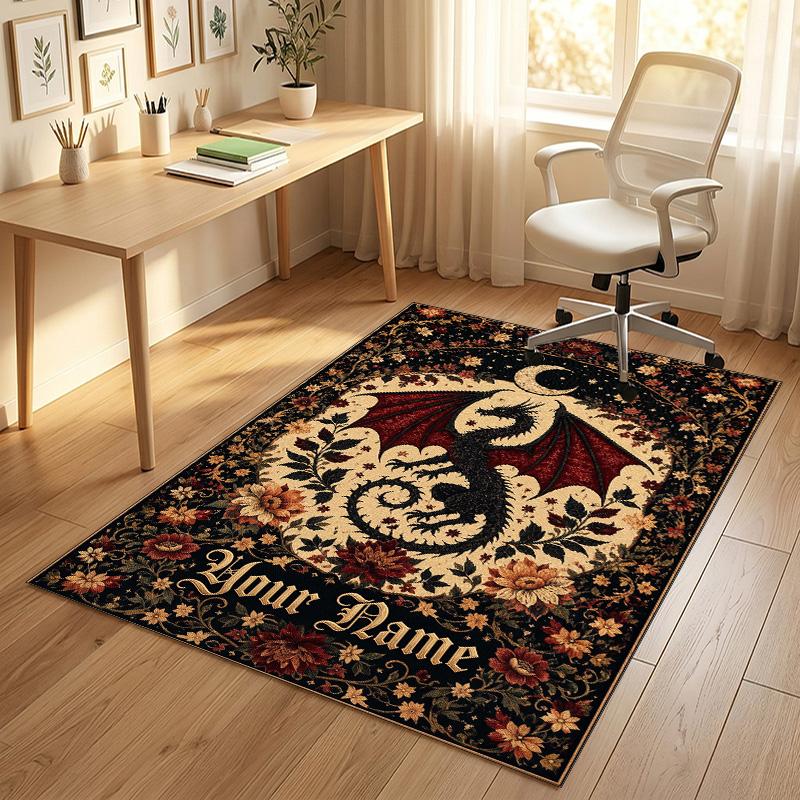 Dragon Phoenix Theme Crystal Velvet Rug Personalized Custom Name Text Soft Floor Mat Home Decor