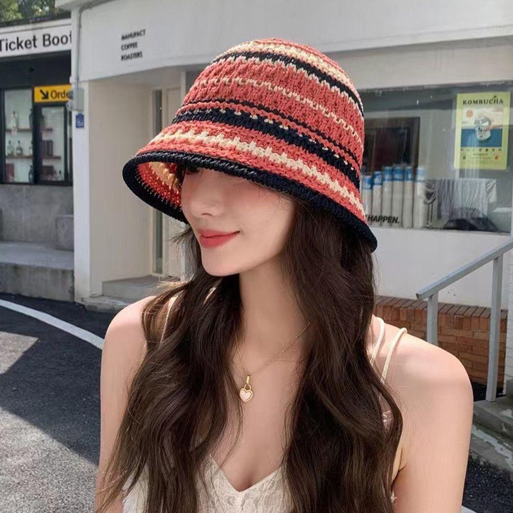 Striped Knitted Hollow Fisherman Hat UV Protection Breathable Straw Bucket Cap Big Eaves Multicolor Thin Sunshade Hat Travel