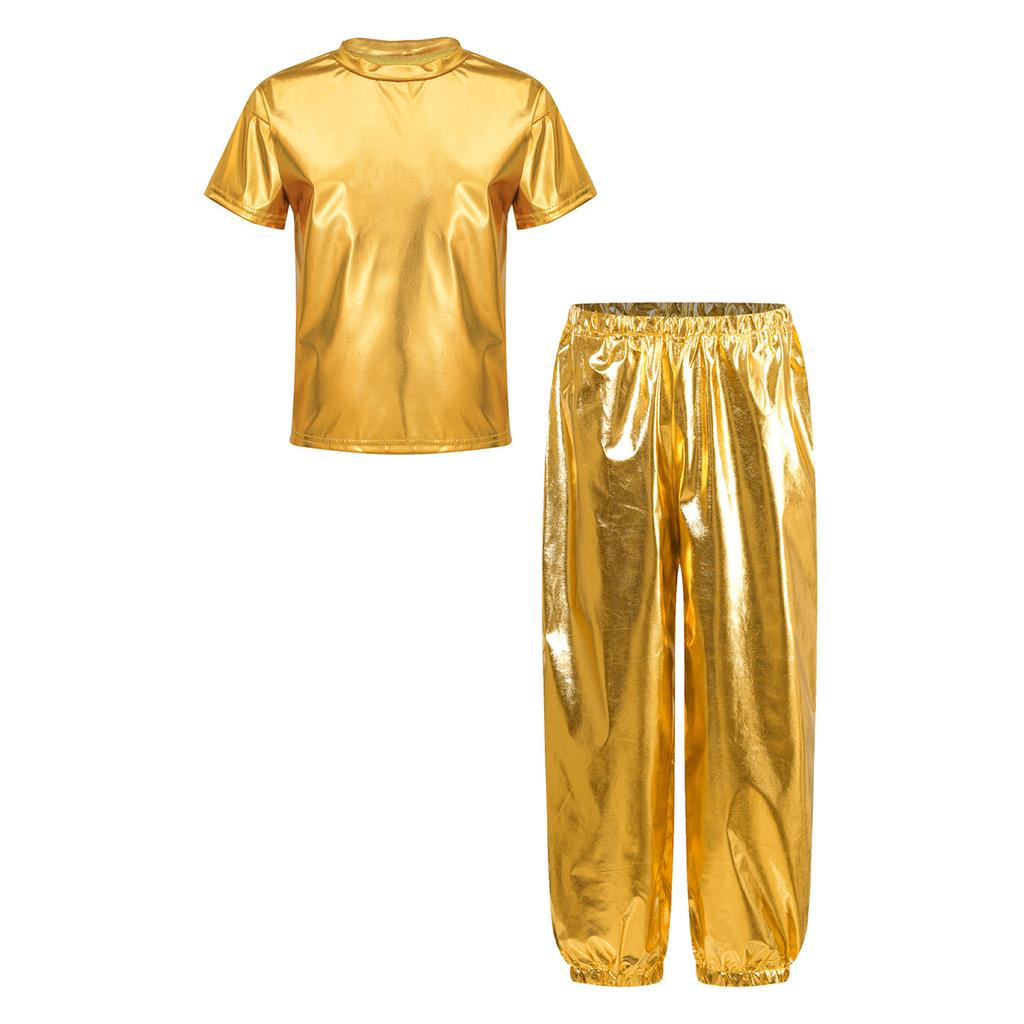 Unisex Kids Dance Costume Short Sleeve Round Neck Metallic Shiny T Shirt Performance Pants Set