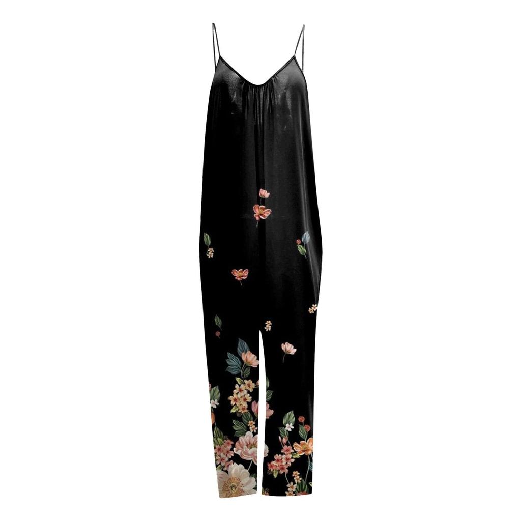 Women's Loose Sleeveless Jumpsuits Adjustable Spaghetti Strap Stretchy Long Pant Romper Jumpsuit With Pockets