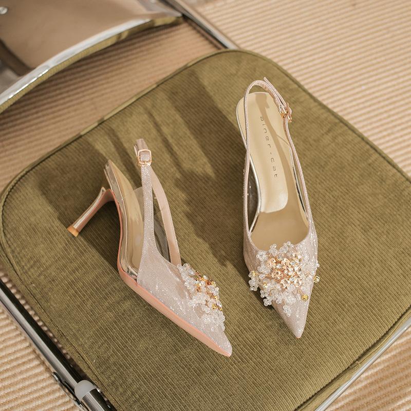 7520-2 [sheepskin] high heels women's thin heels 2025 new pointed temperament crystal wedding shoes empty sandals