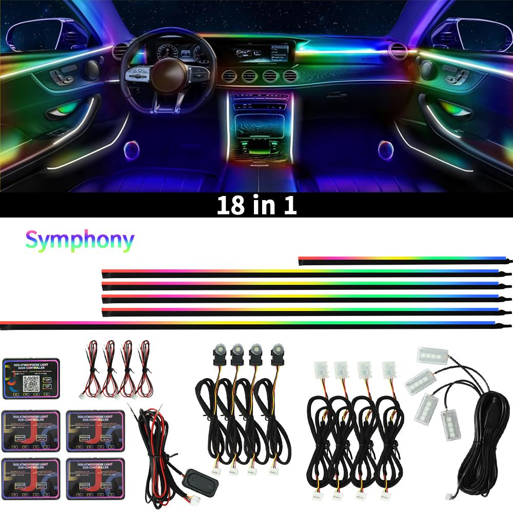 18in1 RGB Symphony Car Ambient Light 64 Color interior Acrylic Guide LED Strip Light Decoration Atmosphere Lamp by APP Control