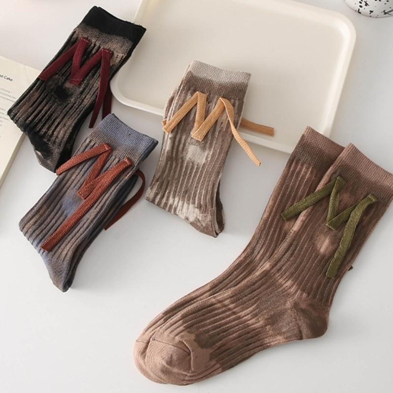 Japanese Women Y2K Graffiti Tie Dye Cotton Crew Socks Harajuku M Letter Ribbed Knit Skateboard Middle Tube Calf Socks