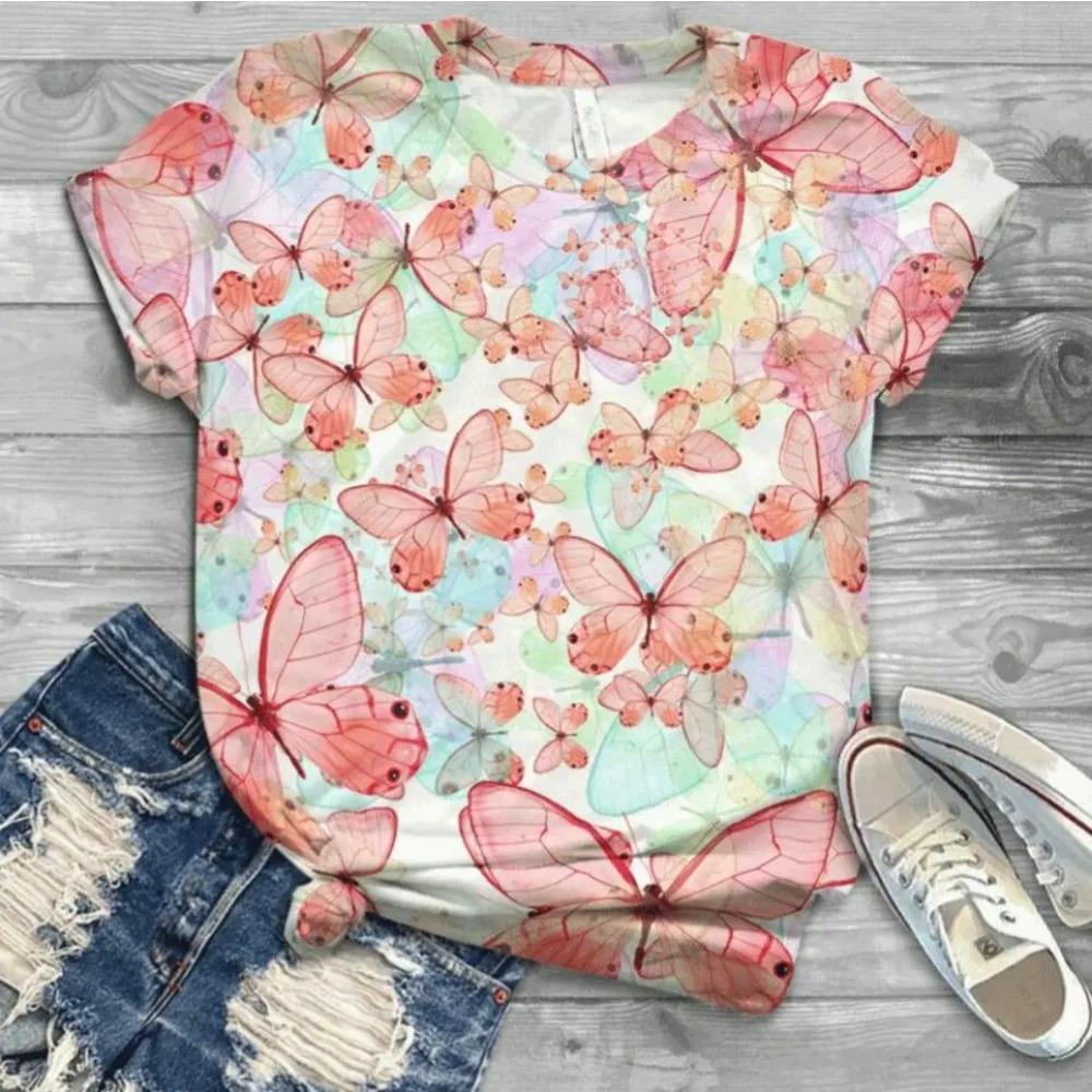 Butterfly Dragonfly Pattern 3D Print T-Shirts Women's Short Sleeves T Shirt Streetwear Y2k Harajuku Tees Tops Female Clothing
