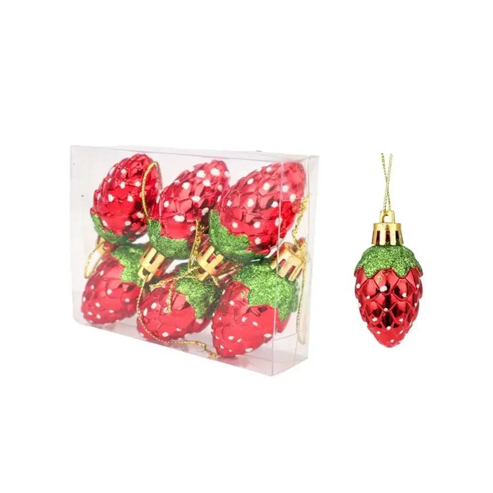 6PCS Red Christmas Hanging Decoration Electroplated Stawberry Christmas Tree Ornament Party Supplies Shopwindow Xmas Baubles 7