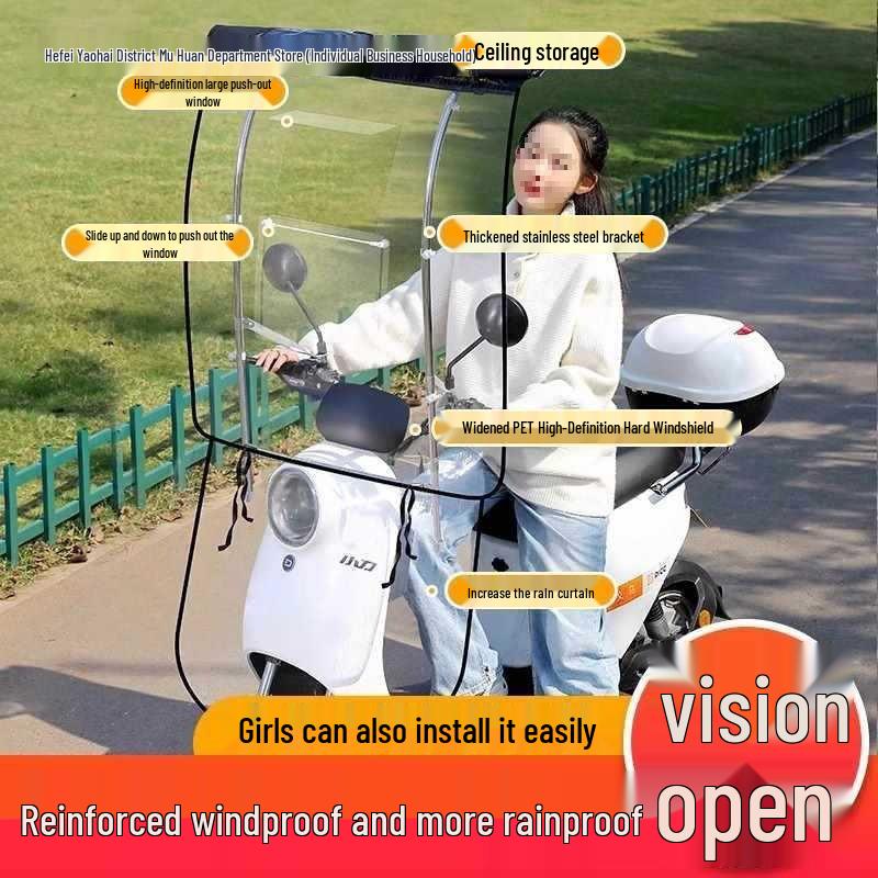 Electric Vehicle Detachable Folding Awning: Retractable Sunshade, Windproof & Rainproof for Pedal Motorcycles.