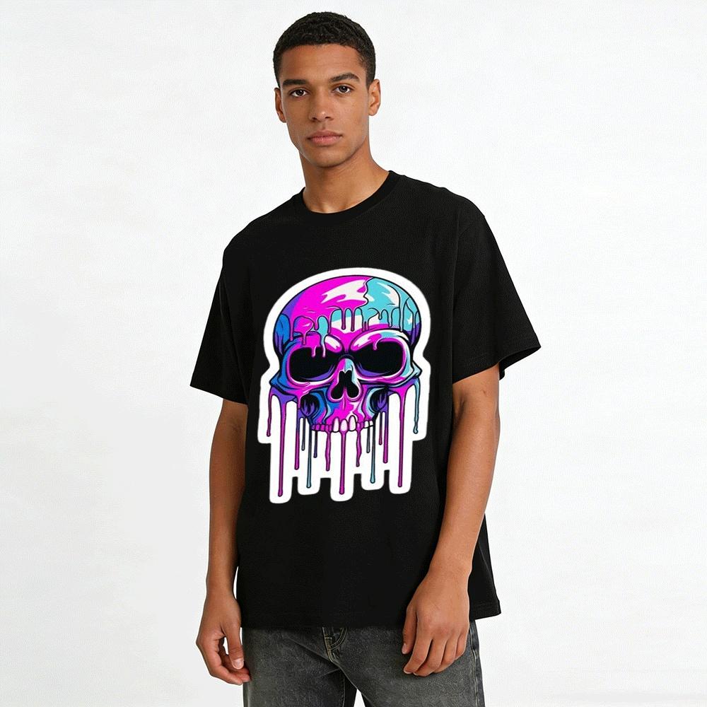 Vibrant Dripping Skull Print Edgy Streetwear Casual Tee Pure cotton T-shirt